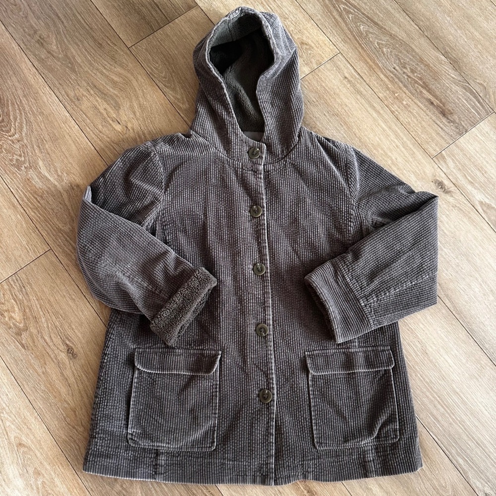 J. Jill Heritage Gray Corduroy Hooded Jacket Button Front Faux Shearling Trim